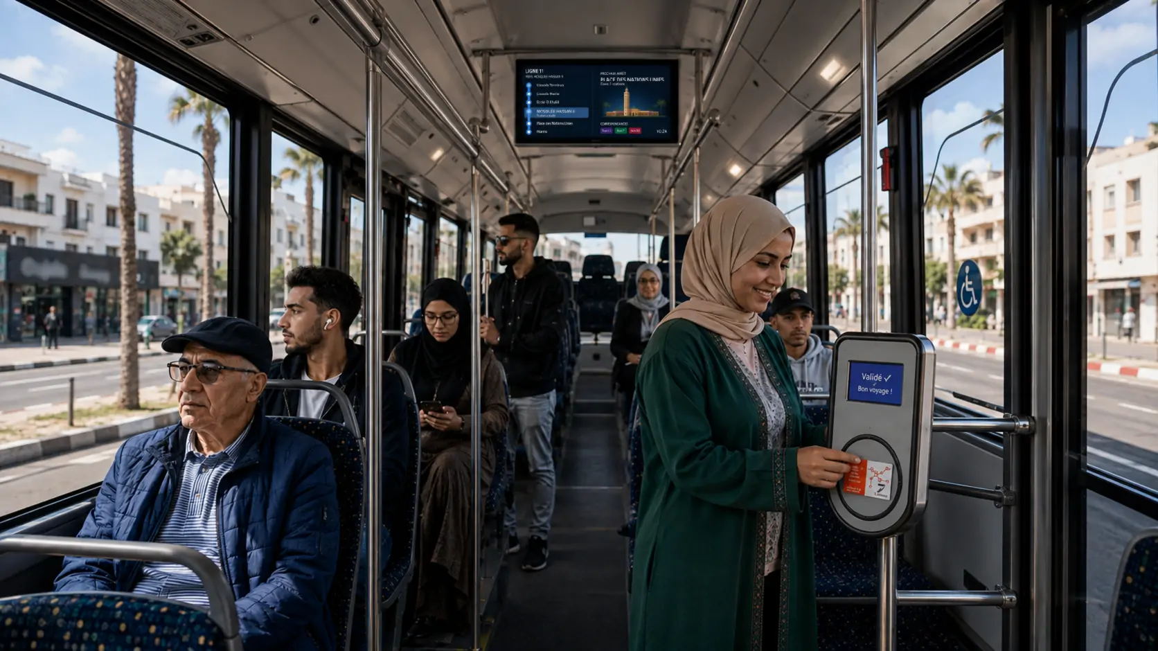 Passagère validant sa carte de transport sans contact à bord d'un bus équipé de billettique et d'un écran d'information voyageurs SAEIV au Maroc