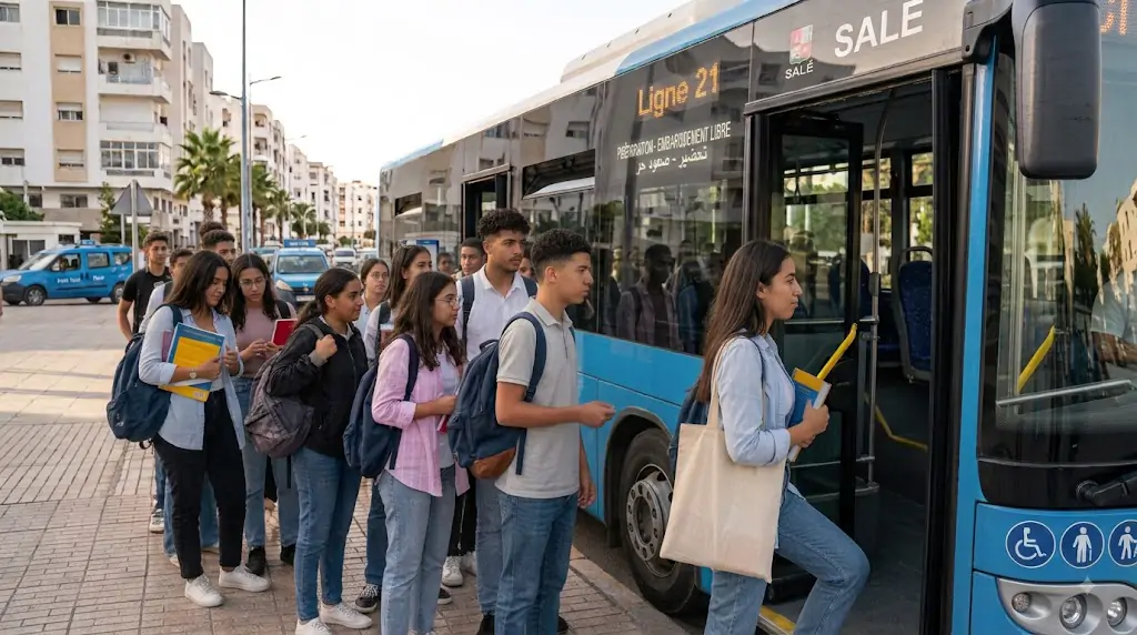 Étudiante validant sa carte d'abonnement bus étudiant sans contact à bord d'un bus au Maroc