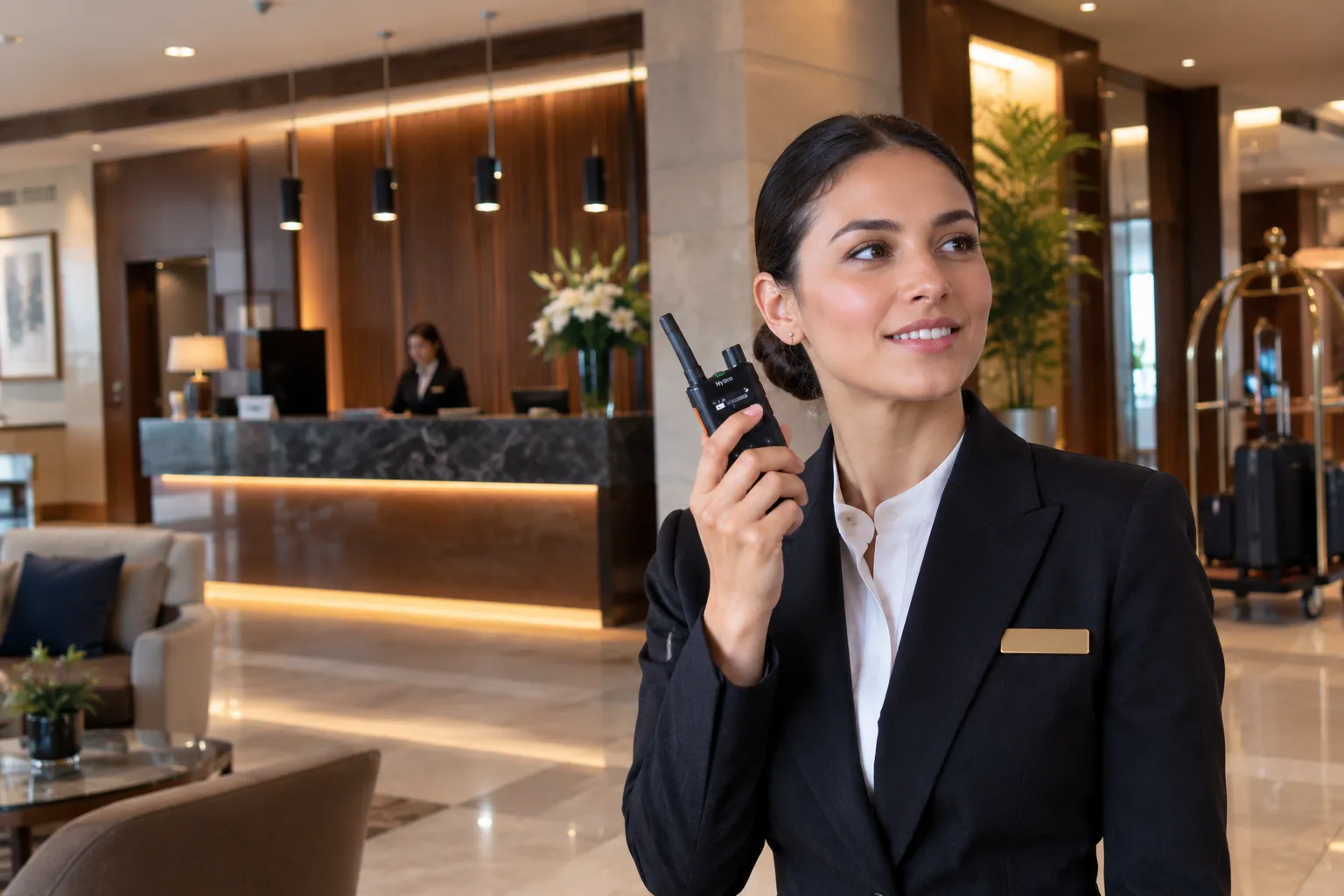 Concierge d'hôtel 5 étoiles équipé de la radio discrète Hytera S1 Pro dans un lobby de luxe
