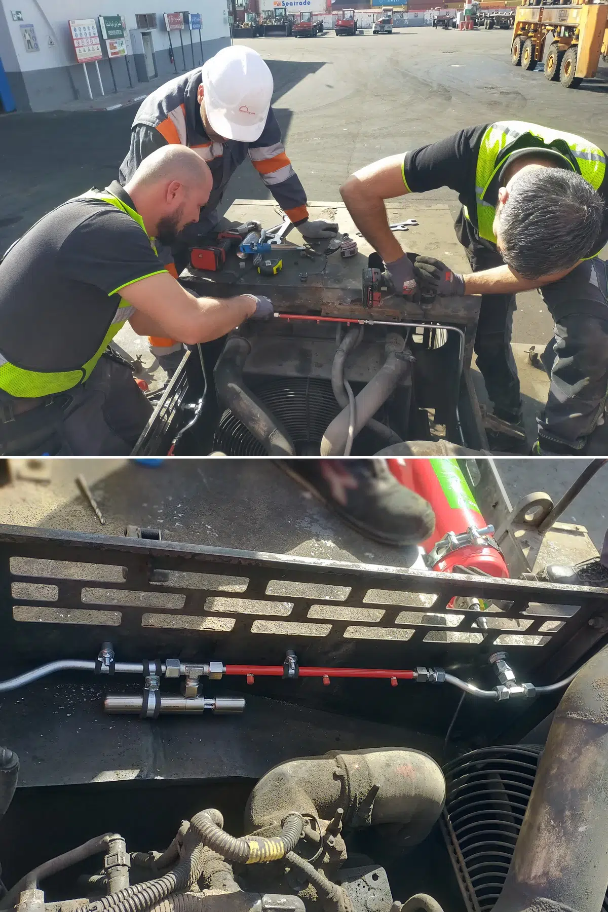 installation detexline engins marsa maroc equipe somayar Techniciens Somayar installant le système d'extinction automatique Detexline sur un engin de manutention portuaire